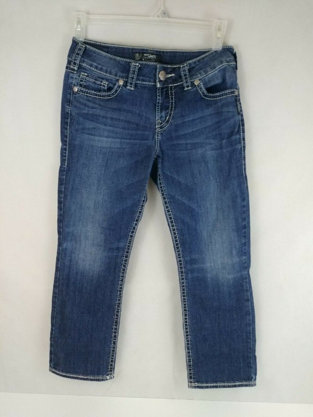 Silver Jeans Suki Mid Capri Dark Wash Distressed Denim Jeans Size W29/L22 1/2